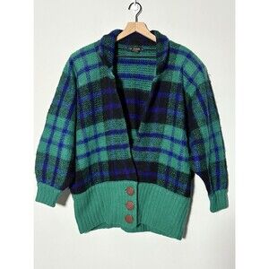 I.B. Diffusion Vintage Cardigan Green Black Plaid Wool Mohair 80s 90s Medium